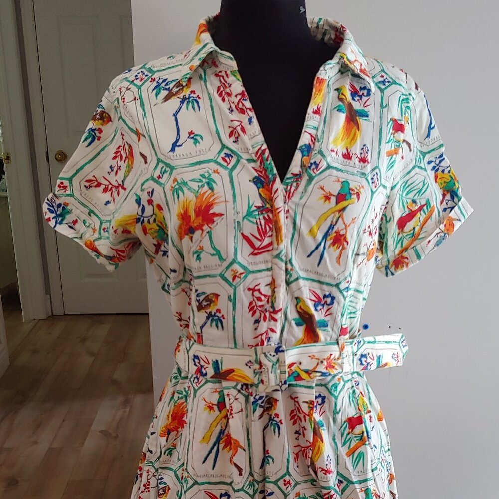 Tropical Bird Print Belted Dress